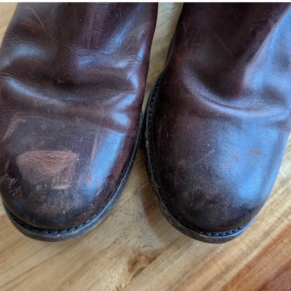 Frye Tall Leather Boots Brown‎ Moto Equestrian Buckle Zip Size 5.5 - Picture 4 of 11